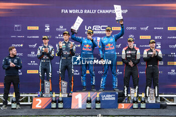 2023-10-01 - Driver Thierry Neuville (Bel) and Martijn Wydaeghe (Bel) Ott Tanak (Est) and Martin Jarveoja (Est),Elfyn Evans (Gb) and Scott Martin (Gb,During, Fia World Rally Championship WRC Rally Chile Bio Bio,They Celebrate After The Power Stage,Los Angeles, Chile,01 October 2023 - FIA WORLD RALLY CHAMPIONSHIP WRC RALLY CHILE BIO BIO 2023 - RALLY - MOTORS