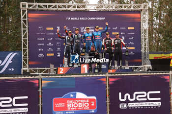 2023-10-01 - 08 Ott TANAK (EST), Martin JARVEOJA (EST), M-SPORT FORD WORLD RALLY TEAM, FORD Puma Rally1 Hybrid, WRC, podium, portrait with 11 Thierry NEUVILLE (BEL), Martijn WYDAEGHE (BEL), HYUNDAI SHELL MOBIS WORLD RALLY TEAM, HYUNDAI I20 N Rally1 Hybrid and 33 Elfyn EVANS (GBR), Scott MARTIN (GBR), TOYOTA GAZOO RACING WRT, TOYOTA GR Yaris Rally1 Hybrid during the Chile Rally 2023, 11th round of the 2023 WRC World Rally Car Championship, from September 28 to October 1st, 2023 in Los Angeles, Chile - AUTO - WRC - CHILE RALLY 2023 - RALLY - MOTORS