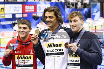 2023-07-24 - Diogo Matos Ribeiro of Portugal 2nd place, Thomas Ceccon of Italy Winner, Maxime Grousset of France 3rd place, Men's 50m Butterfly Medal Ceremony during the 20th FINA Swimming World Championships Fukuoka 2023 on July 24, 2023 at Marine Messe Fukuoka in Fukuoka, Japan - SWIMMING - WORLD CHAMPIONSHIPS 2023 - SWIMMING - SWIMMING