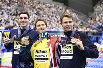 2023-07-30 - Jack Alexy of United States Silver medal, Cameron McEvoy of Australia Gold medal, Benjamin Proud of Great Britain Bronze medal, Men's 50m Freestyle Medal Ceremony during the 20th FINA Swimming World Championships Fukuoka 2023 on July 29, 2023 at Marine Messe Fukuoka in Fukuoka, Japan - SWIMMING - WORLD CHAMPIONSHIPS 2023 - SWIMMING - SWIMMING