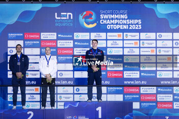07/12/2023 - Proud Benjamin of Great Britain, Manaudou Florent of France and Szabo Szebasztian of Hungary during the podium ceremony for Men’s 50m Freestyle at the LEN Short Course European Championships 2023 on December 7, 2023 in Otopeni, Romania - SWIMMING - LEN SHORT COURSE EUROPEAN CHAMPIONSHIPS 2023 - DAY 3 - NUOTO - NUOTO