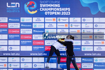 07/12/2023 - Kohler Angelina of Germany, Bach Helena Rosendahl of Denmark and Pudar Lana of Bosnia and Herzegovina during the podium ceremony for Women’s 200m Butterfly at the LEN Short Course European Championships 2023 on December 7, 2023 in Otopeni, Romania - SWIMMING - LEN SHORT COURSE EUROPEAN CHAMPIONSHIPS 2023 - DAY 3 - NUOTO - NUOTO
