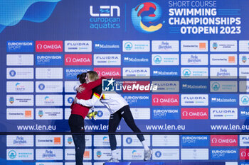 2023-12-07 - Kohler Angelina of Germany, Bach Helena Rosendahl of Denmark and Pudar Lana of Bosnia and Herzegovina during the podium ceremony for Women’s 200m Butterfly at the LEN Short Course European Championships 2023 on December 7, 2023 in Otopeni, Romania - SWIMMING - LEN SHORT COURSE EUROPEAN CHAMPIONSHIPS 2023 - DAY 3 - SWIMMING - SWIMMING