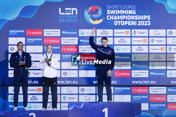 07/12/2023 - Proud Benjamin of Great Britain, Manaudou Florent of France and Szabo Szebasztian of Hungary during the podium ceremony for Men’s 50m Freestyle at the LEN Short Course European Championships 2023 on December 7, 2023 in Otopeni, Romania - SWIMMING - LEN SHORT COURSE EUROPEAN CHAMPIONSHIPS 2023 - DAY 3 - NUOTO - NUOTO
