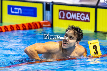 08/12/2023 - Tomac Mewen of France celebrating the win during Men’s 100m Backstroke Final at the LEN Short Course European Championships 2023 on December 8, 2023 in Otopeni, Romania - SWIMMING - LEN SHORT COURSE EUROPEAN CHAMPIONSHIPS 2023 - DAY 4 - NUOTO - NUOTO