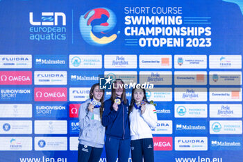 08/12/2023 - Kirpichnikova Anastasiia of France, Quadarella Simona of Italy and Kesely Ajna of Hungary during the podium ceremony for Women’s 1500m Freestyle at the LEN Short Course European Championships 2023 on December 8, 2023 in Otopeni, Romania - SWIMMING - LEN SHORT COURSE EUROPEAN CHAMPIONSHIPS 2023 - DAY 4 - NUOTO - NUOTO