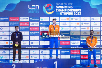 09/12/2023 - Corbeau Caspar of the Netherlands, McKee Anton of Iceland and Kamminga Arno of the Netherlands during the podium ceremony for Men’s 200m Breaststroke at the LEN Short Course European Championships 2023 on December 9, 2023 in Otopeni, Romania - SWIMMING - LEN SHORT COURSE EUROPEAN CHAMPIONSHIPS 2023 - DAY 5 - NUOTO - NUOTO