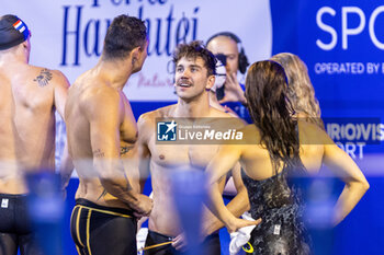 2023-12-10 - Grousset Maxime, Manaudou Florent and Gastaldello Beryl of France after getting second palce during Mixed 4x50m Medley Relay Final at the LEN Short Course European Championships 2023 on December 10, 2023 in Otopeni, Romania - SWIMMING - LEN SHORT COURSE EUROPEAN CHAMPIONSHIPS 2023 - DAY 6 - SWIMMING - SWIMMING