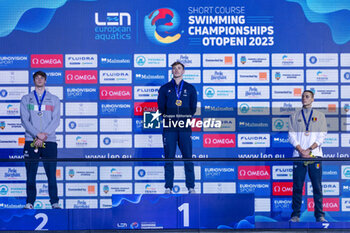 10/12/2023 - Grousset Maxime of France, Miressi Alessandro of Italy and David Popovici of Romania during the podium ceremony for Men’s 100m Freestyle at the LEN Short Course European Championships 2023 on December 10, 2023 in Otopeni, Romania - SWIMMING - LEN SHORT COURSE EUROPEAN CHAMPIONSHIPS 2023 - DAY 6 - NUOTO - NUOTO