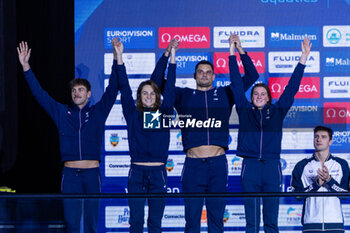 10/12/2023 - Grousset Maxime, Manaudou Florent, Bonnet Charlotte and Gastaldello Beryl of France during the podium ceremony for Mixed 4x50m Medley Relay at the LEN Short Course European Championships 2023 on December 10, 2023 in Otopeni, Romania - SWIMMING - LEN SHORT COURSE EUROPEAN CHAMPIONSHIPS 2023 - DAY 6 - NUOTO - NUOTO