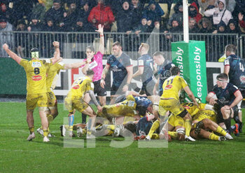 14/01/2023 - Célébration TRY Joel Scalvi of Stade Rochelais during the Champions Cup, rugby union match between Stade Rochelais (La Rochelle) and Ulster Rugby on January 14, 2023 at Marcel Deflandre stadium in La Rochelle, France - RUGBY - CHAMPIONS CUP - LA ROCHELLE V ULSTER - HEINEKEN CHAMPIONS CUP - RUGBY