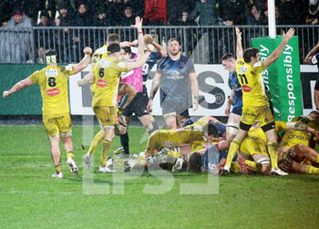 14/01/2023 - Célébration TRY Joel Scalvi of Stade Rochelais during the Champions Cup, rugby union match between Stade Rochelais (La Rochelle) and Ulster Rugby on January 14, 2023 at Marcel Deflandre stadium in La Rochelle, France - RUGBY - CHAMPIONS CUP - LA ROCHELLE V ULSTER - HEINEKEN CHAMPIONS CUP - RUGBY