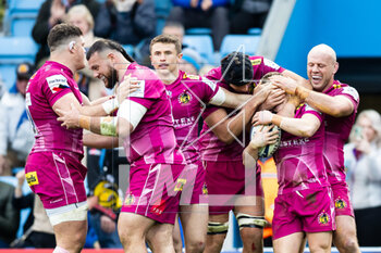 2023-04-08 - Tom Cairns of Exeter Chiefs celebrates scoring his sides sixth try during the European Rugby Champions Cup, Quarter Finals rugby union match between Exeter Chiefs and DHL Stormers on 8 April 2023 at Sandy Park in Exeter, England - RUGBY - CHAMPIONS CUP - EXETER V STORMERS - CHAMPIONS CUP - RUGBY