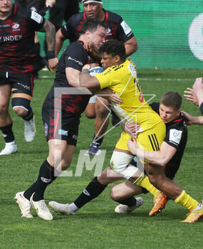 2023-04-09 - Jonathan Danty of Stade Rochelais and Jamie George, Owen Farell of Saracens during the Heineken Champions Cup, Quarter Finals, rugby union match between Stade Rochelais (La Rochelle) and Saracens on April 9, 2023 at Marcel Deflandre stadium in La Rochelle, France - RUGBY - CHAMPIONS CUP - LA ROCHELLE V SARACENS - CHAMPIONS CUP - RUGBY