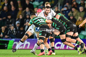 2023-12-15 - Northampton Saints hooker Sam Matavesi (16) tackles Toulon RC back row Charles Ollivon (7) during the Champions Cup, rugby union match between Northampton Saints and RC Toulon on 15 December 2023 at Franklins Gardens in Northampton, England - RUGBY - CHAMPIONS CUP - NORTHAMPTON V TOULON - CHAMPIONS CUP - RUGBY