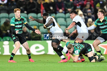 2023-12-15 - Northampton Saints back row Tom Pearson (7) tackles Toulon RC prop Dany Priso (1) during the Champions Cup, rugby union match between Northampton Saints and RC Toulon on 15 December 2023 at Franklins Gardens in Northampton, England - RUGBY - CHAMPIONS CUP - NORTHAMPTON V TOULON - CHAMPIONS CUP - RUGBY
