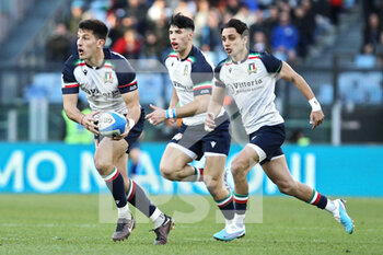 2023-02-05 - Tommaso Allan (L), Tommaso Menoncello (C) and Ange Capuozzo (R) in action during the 2023 Six Nations, rugby union match between Italy and France on February 5, 2023 at Stadio Olimpico in Rome, Italy - RUGBY - 6 NATIONS 2023 - ITALY V FRANCE - SIX NATIONS - RUGBY