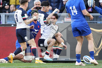 05/02/2023 - Ange Capuozzo of Italy celebrates after scoring a try during the 2023 Six Nations, rugby union match between Italy and France on February 5, 2023 at Stadio Olimpico in Rome, Italy - RUGBY - 6 NATIONS 2023 - ITALY V FRANCE - 6 NAZIONI - RUGBY