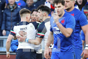2023-02-05 - Ange Capuozzo of Italy celebrates with his teammates after scoring a try during the 2023 Six Nations, rugby union match between Italy and France on February 5, 2023 at Stadio Olimpico in Rome, Italy - RUGBY - 6 NATIONS 2023 - ITALY V FRANCE - SIX NATIONS - RUGBY