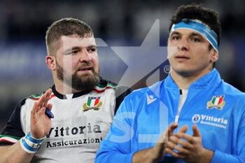 2023-02-05 - Pietro Ceccarelli (L) and Giacomo Nicotera (R) of Italy greet their supporters at the end of the 2023 Six Nations, rugby union match between Italy and France on February 5, 2023 at Stadio Olimpico in Rome, Italy - RUGBY - 6 NATIONS 2023 - ITALY V FRANCE - SIX NATIONS - RUGBY