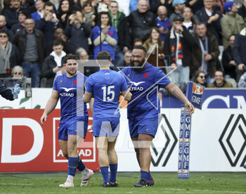 18/03/2023 - Uini Atonio of France (right) celebrates his try with Julien Marchand, Thomas Ramos of France during the Six Nations 2023 rugby union match between France and Wales on March 18, 2023 at Stade de France in Saint-Denis near Paris, France - RUGBY - SIX NATIONS 2023 - FRANCE V WALES - 6 NAZIONI - RUGBY