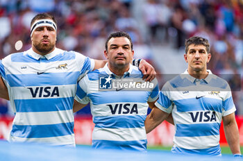 2023-08-26 - Tomas Cubelli (Argentina), Agustin Creevy (Argentina) and Eduardo Bello (Argentina) during the national anathem before the rugby match between Spain and Argentina (los Pumas) played at Estadio Civitas Metropolitano on August 26, 2023 in Madrid, Spain - RUGBY 2023: SPAIN VS ARGENTINA - TEST MATCH - RUGBY