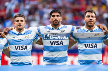 2023-08-26 - Facundo Isa (Argentina), Rodrigo Bruni (Argentina) and Juan Cruz Mallia (Argentina) during the national anathem before the rugby match between Spain and Argentina (los Pumas) played at Estadio Civitas Metropolitano on August 26, 2023 in Madrid, Spain - RUGBY 2023: SPAIN VS ARGENTINA - TEST MATCH - RUGBY