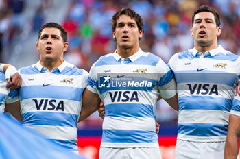 2023-08-26 - Ignacio Ruiz (Argentina), Santiago Grondona and Guido Petti (Argentina) during the national anathem before the rugby match between Spain and Argentina (los Pumas) played at Estadio Civitas Metropolitano on August 26, 2023 in Madrid, Spain - RUGBY 2023: SPAIN VS ARGENTINA - TEST MATCH - RUGBY
