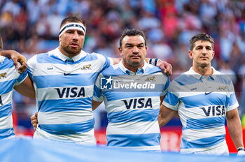 2023-08-26 - Tomas Cubelli (Argentina), Agustin Creevy (Argentina) and Eduardo Bello (Argentina) during the national anathem before the rugby match between Spain and Argentina (los Pumas) played at Estadio Civitas Metropolitano on August 26, 2023 in Madrid, Spain - RUGBY 2023: SPAIN VS ARGENTINA - TEST MATCH - RUGBY