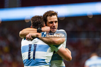 2023-08-26 - Nicolas Sanchez (Argentina) and Mateo Carreras (Argentina) celebrate a try during the rugby match between national teams of Spain and Argentina (los Pumas) played at Estadio Civitas Metropolitano on August 26, 2023 in Madrid, Spain - RUGBY 2023: SPAIN VS ARGENTINA - TEST MATCH - RUGBY