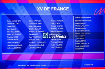 2023-08-21 - List of 33 players selected for the Rugby World Cup during the press conference of the French national team at TF1 headquarters on August 21, 2023 in Boulogne-Billancourt, France - RUGBY - WORLD CUP 2023 - LIST OF FRENCH NATIONAL TEAM PLAYERS - WORLD CUP - RUGBY