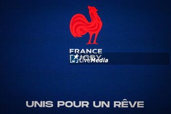 2023-08-21 - Illustration of the official France Rugby logo during the press conference of the French national team, announcement of the list of players selected for the 2023 Rugby World Cup at TF1 headquarters on August 21, 2023 in Boulogne-Billancourt, France - RUGBY - WORLD CUP 2023 - LIST OF FRENCH NATIONAL TEAM PLAYERS - WORLD CUP - RUGBY