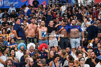 2023-09-08 - French supporters with the name of captain Antoine DUPONT painted on their bodies during the World Cup 2023, Pool A rugby union match between France and New Zealand on September 8, 2023 at Stade de France in Saint-Denis near Paris, France - RUGBY - WORLD CUP 2023 - FRANCE V NEW ZEALAND - WORLD CUP - RUGBY