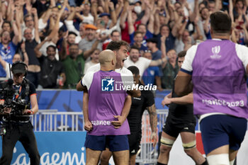 2023-09-08 - Damian Penaud of France celebrates his try during the World Cup 2023, Pool A rugby union match between France and New Zealand on September 8, 2023 at Stade de France in Saint-Denis near Paris, France - RUGBY - WORLD CUP 2023 - FRANCE V NEW ZEALAND - WORLD CUP - RUGBY