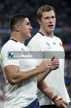 2023-09-08 - Paul Boudehent and Thibaud Flament of France salute the fans following the World Cup 2023, Pool A rugby union match between France and New Zealand (All Blacks) on September 8, 2023 at Stade de France in Saint-Denis near Paris, France - RUGBY - WORLD CUP 2023 - FRANCE V NEW ZEALAND - WORLD CUP - RUGBY