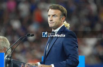 2023-09-08 - Emmanuel Macron during the World Cup 2023, Pool A rugby union match between France and New Zealand on September 8, 2023 at Stade de France in Saint-Denis near Paris, France - RUGBY - WORLD CUP 2023 - FRANCE V NEW ZEALAND - WORLD CUP - RUGBY