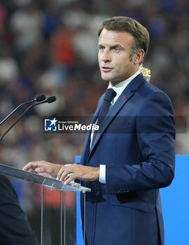 2023-09-08 - Emmanuel Macron during the World Cup 2023, Pool A rugby union match between France and New Zealand on September 8, 2023 at Stade de France in Saint-Denis near Paris, France - RUGBY - WORLD CUP 2023 - FRANCE V NEW ZEALAND - WORLD CUP - RUGBY