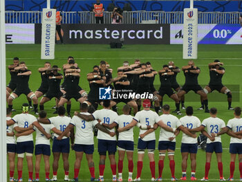 2023-09-08 - Presentation - Line up - haka during the World Cup 2023, Pool A rugby union match between France and New Zealand on September 8, 2023 at Stade de France in Saint-Denis near Paris, France - RUGBY - WORLD CUP 2023 - FRANCE V NEW ZEALAND - WORLD CUP - RUGBY