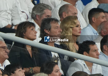 2023-09-08 - Jean Luc Reichmann and Adriana Karembeu during the World Cup 2023, Pool A rugby union match between France and New Zealand on September 8, 2023 at Stade de France in Saint-Denis near Paris, France - RUGBY - WORLD CUP 2023 - FRANCE V NEW ZEALAND - WORLD CUP - RUGBY