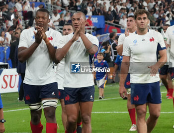 2023-09-08 - Cameron Woki , Gaël Fickou and Fabien Penot of France during the World Cup , Pool A union match between France and New Zealand on September 8, 2023 at Stade de France in Saint-Denis near Paris, France - RUGBY - WORLD CUP 2023 - FRANCE V NEW ZEALAND - WORLD CUP - RUGBY