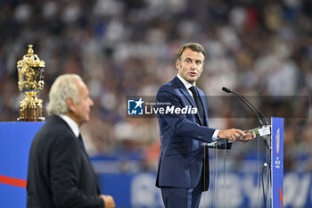 2023-09-08 - Emmanuel Macron and Bill Beaumont during the Rugby World Cup RWC 2023, Pool A match between France and New Zealand on September 8, 2023 at Stade de France in Saint-Denis near Paris, France. Photo Victor Joly / DPPI - RUGBY - WORLD CUP 2023 - FRANCE V NEW ZEALAND - WORLD CUP - RUGBY