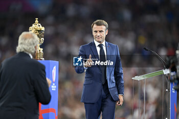 2023-09-08 - Emmanuel Macron during the Rugby World Cup RWC 2023, Pool A match between France and New Zealand on September 8, 2023 at Stade de France in Saint-Denis near Paris, France. Photo Victor Joly / DPPI - RUGBY - WORLD CUP 2023 - FRANCE V NEW ZEALAND - WORLD CUP - RUGBY