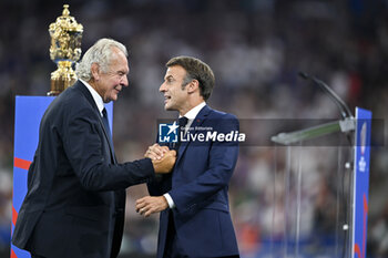 2023-09-08 - Bill Beaumont and Emmanuel Macron during the Rugby World Cup RWC 2023, Pool A match between France and New Zealand on September 8, 2023 at Stade de France in Saint-Denis near Paris, France. Photo Victor Joly / DPPI - RUGBY - WORLD CUP 2023 - FRANCE V NEW ZEALAND - WORLD CUP - RUGBY