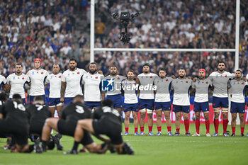 2023-09-08 - Antoine Dupont and players of French team during the haka during the Rugby World Cup RWC 2023 match France VS New Zealand All Blacks on September 8, 2023 at Stade de France in Saint-Denis near Paris. Photo Victor Joly / DPPI - RUGBY - WORLD CUP 2023 - FRANCE V NEW ZEALAND - WORLD CUP - RUGBY