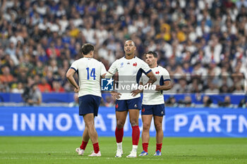2023-09-08 - Gael Fickou Antoine Dupont and Damian Penaud during the Rugby World Cup RWC 2023 match France VS New Zealand All Blacks on September 8, 2023 at Stade de France, Saint-Denis near Paris, France. Photo Victor Joly / DPPI - RUGBY - WORLD CUP 2023 - FRANCE V NEW ZEALAND - WORLD CUP - RUGBY