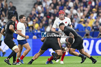 2023-09-08 - Charles Ollivon, Thibaud Flament and Antoine Dupont during the Rugby World Cup RWC 2023 match France VS New Zealand All Blacks on September 8, 2023 at Stade de France, Saint-Denis near Paris, France. Photo Victor Joly / DPPI - RUGBY - WORLD CUP 2023 - FRANCE V NEW ZEALAND - WORLD CUP - RUGBY