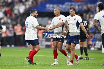 2023-09-08 - Dorian Aldegheri, Gael Fickou and Damian Penaud during the Rugby World Cup RWC 2023 match France VS New Zealand All Blacks on September 8, 2023 at Stade de France, Saint-Denis near Paris, France. Photo Victor Joly / DPPI - RUGBY - WORLD CUP 2023 - FRANCE V NEW ZEALAND - WORLD CUP - RUGBY