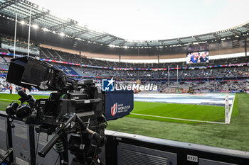 2023-09-08 - A television camera during the World Cup 2023, Pool A rugby union match between France and New Zealand on September 8, 2023 at Stade de France in Saint-Denis near Paris, France - RUGBY - WORLD CUP 2023 - FRANCE V NEW ZEALAND - WORLD CUP - RUGBY