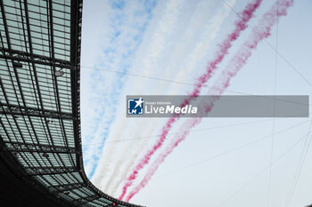 2023-09-08 - The colors of the French flag after the passage of the Patrouille de France (PAF) during the World Cup 2023, Pool A rugby union match between France and New Zealand on September 8, 2023 at Stade de France in Saint-Denis near Paris, France - RUGBY - WORLD CUP 2023 - FRANCE V NEW ZEALAND - WORLD CUP - RUGBY
