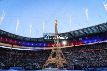 2023-09-08 - A replica of the Eiffel Tower is seen during the opening ceremony of the World Cup 2023, Pool A rugby union match between France and New Zealand on September 8, 2023 at Stade de France in Saint-Denis near Paris, France - RUGBY - WORLD CUP 2023 - FRANCE V NEW ZEALAND - WORLD CUP - RUGBY